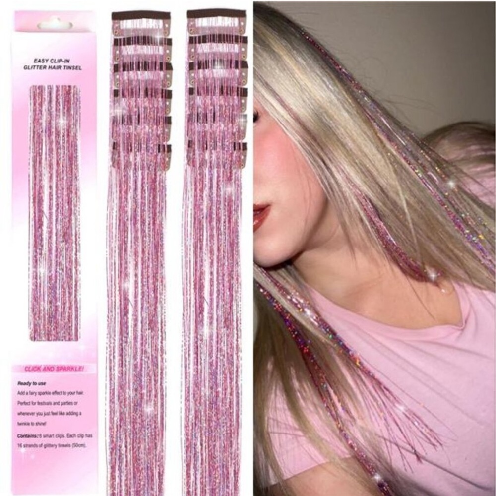 Hair Tinsel Clip in 12Pcs Pink Tinsel Hair Glitter